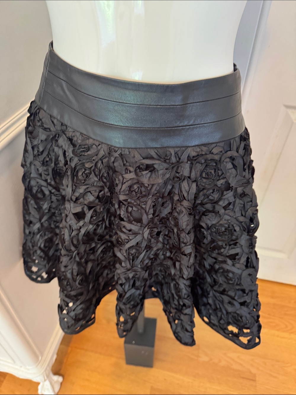 Black Floral Appliqué A-Line Skirt with Real Leather Waistband